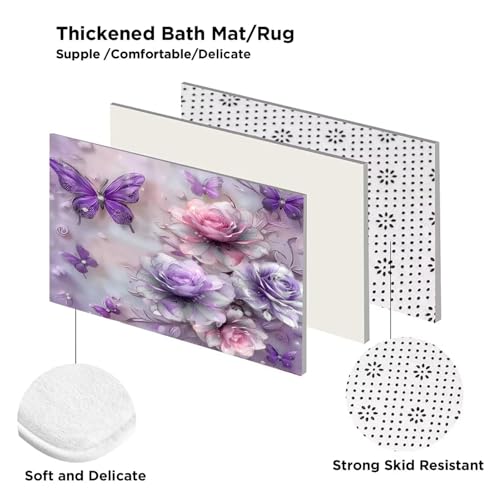 DDQQ 4Pcs Purple Glitter Floral Shower Curtain Set Bathroom Sets Butterfly Diamond Shower Curtain with 12 Hooks Bathroom Decor with Rugs Bath Accessories with Mats Toilet Lid Cover - color: Purple
