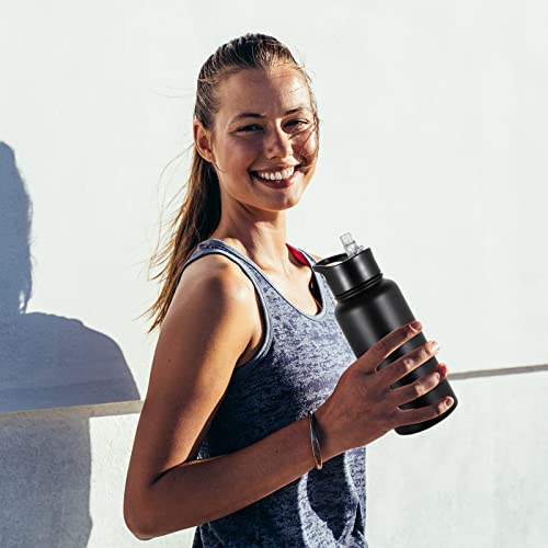 32 oz Insulated Water Bottle with Straw Lid & Wide Mouth Lids, Stainless Steel Sports Water Bottles, Double Walled Vacuum, Leak Proof, Black - color: Black, size: 32 Ounces