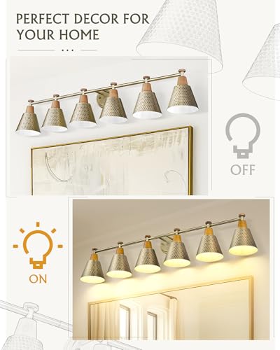 FEMILA Gold Light Fixture Bathroom, 6 Light Brushed Gold Vanity Light, 45.3" Bathroom Lighting Fixture Over Mirror, 4FG59B-6W BG - color: Gold, size: 45"