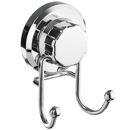 HASKO Suction Cup Hook for Shower, Stainless Steel Bathroom Suction Towel Hooks Hanger, Organizer for Towel, Bathrobe and Loofah, Includes Optional No Drill Adhesive Mount for Inside Shower, Chrome - color: Silver
