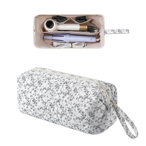 Large Quilted Hair Tools Travel Bag,Hair Styling Accessories Storage Case for Hair Dryer,Curling Iron,Flat Irons,Straightener and Attachments,Portable Organizer with Removable Dividers(16Black Flower) - color: 16Black Flower