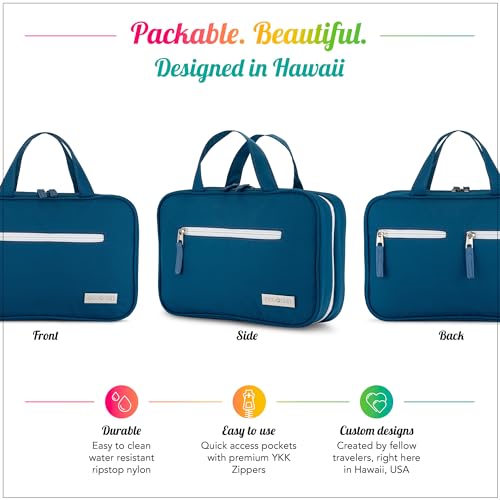 Eco Sun Hanging Travel Toiletry Bag — Designed in Hawaii — Water-Resistant Travel Organizer for Bathroom Accessories (Blue) - color: Blue