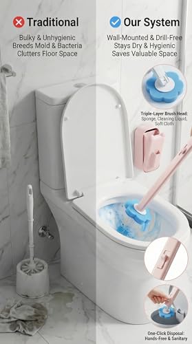 Disposable Toilet Brush for Bathroom Cleaning, Toilet Brush and Holder Set, Deep Cleaning Toilet Bowl Cleaner with Replaceable Heads, Hygienic Storage Design (Pink – 24 Refills Flip-Open Toilet Brush) - color: Pink – 32 Refills Flip-open Toilet Brush