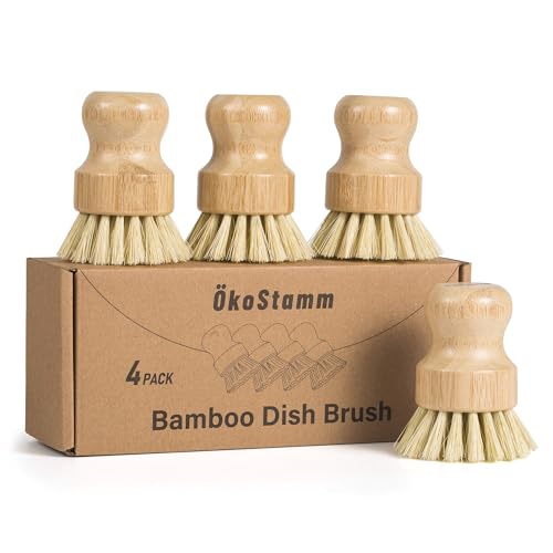 4 Pack Bamboo Dish Brush, Dish Scrubber Brush with Sisal Bristle, Natural Scrub Brush for Kitchen Cleaning Dishes, Pots, Pans, Bottles, Vegetables