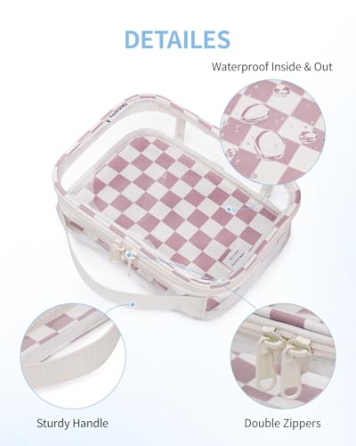 Narwey TSA Approved Clear Toiletry Bag for Travel, Waterproof PVC Clear Makeup Bags, Portable Compact Cosmetic Bag Make Up Organizer, Airport Airline Quart Size Compliant Bag (Dusty Pink Checkerboard) - color: Dusty Pink Checkerboard