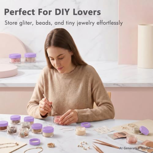 3 Gram Sample Jars with Lids, 25 Count Mini Cosmetic Containers - Makeup Travel Containers with Labels, Tiny Disposable Spatulas - color: Purple