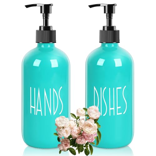 Glass Soap Dispenser with Plastic Pump for Kitchen - 16 OZ Glass Hand, Dish Soap Dispenser Set - Kitchen, Bathroom Decor and Accessories (Teal) - color: Teal