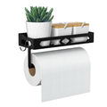 Paper Towel Holder Wall Mount for Kitchen, Easy One-handed Operation Design, Self Adhesive Paper Towel Holder with Shelf for Bathroom, RV Paper Towel Rack Paper Roll Holder with 2 Hooks, Black - color: Black