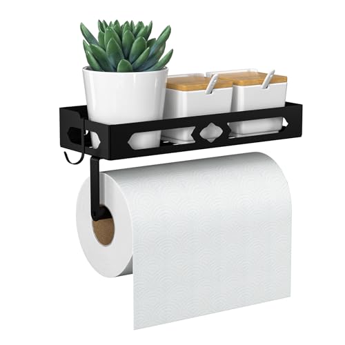Paper Towel Holder Wall Mount for Kitchen, Easy One-handed Operation Design, Self Adhesive Paper Towel Holder with Shelf for Bathroom, RV Paper Towel Rack Paper Roll Holder with 2 Hooks, Black - color: Black