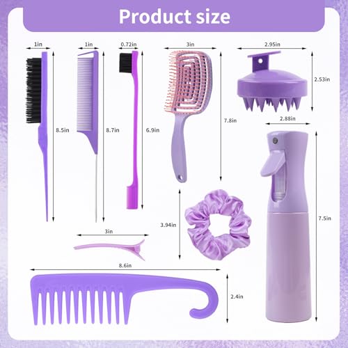 12 pcs Hair Brush Set,Detangler Brush with Hair Spray Bottle Scalp massager for Wet Dry Curly Hair, Bristle Hair Brush Hair Comb for Women Girl,Hair Styling Tools (Purple)