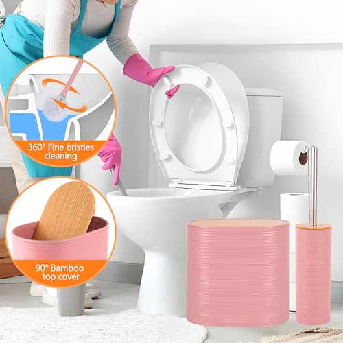 Bathroom Accessory Set,10 PCS Pink Bathroom Accessories Set with Trash Can, Toothbrush Holder, Soap Dispenser, Toothbrush Cup, Vanity Tray, Soap Dish, Toilet Brush, Qtip Holders - color: Pink