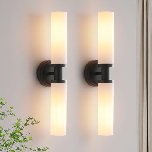 Wall Sconces Set of Two,Matte Black Bathroom Sconces Wall Lighting with White Glass, Modern Sconces Wall Decor Set of 2 Wall Light fixtures for Bathroom Mirror Living Room Hallway Bedroom Wall Lamp - color: black white