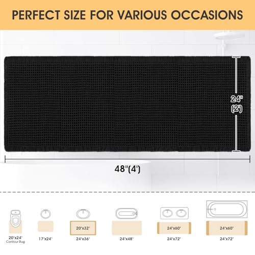IM HOME Waffle Bath Mat Black 4'x2', Boho Woven Modern Bath Mat Rugs, Absorbent Non Slip Bathroom Rugs, Soft Washable Bath Rugs with Tassels for Bathroom, Bedroom, Kitchen, Shower, Tub - color: Black, size: 2' x 4' (Runner)