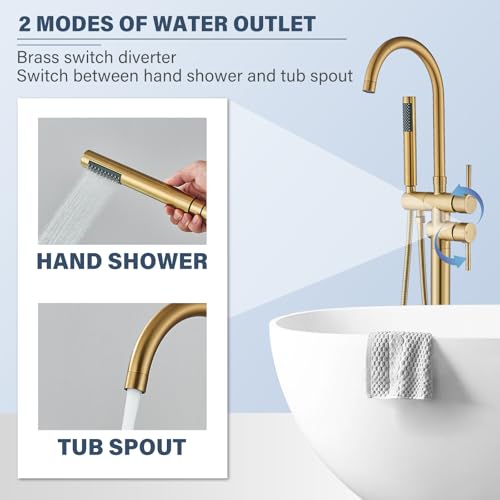 Freestanding Bathtub Faucet Floor Mount Tub Filler Brushed Gold High Flow Shower Faucets with Handheld Shower Mixer Taps Swivel Spout for Bathroom