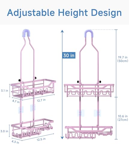 Shower Caddy, Upgraded Extended Length Shower Caddy Over Showerhead No Blocking to Shower Head, Rustproof Shower Organizer with Hooks Shampoo Soap Holder, Bathroom Large Hanging Shower Caddy - color: Pink - 2 Tier - Standard