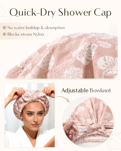 Yanibest Shower Cap for Women Reusable Waterproof, Adjustable Non-Slip Shower Hair Cap, Washable Bath Hat - color: Pink