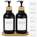 KASUNTING Hand and Dish Soap Dispenser Set, Plastic Kitchen Soap Dispenser Set with Bamboo Tray, 17 Fl Oz Black Soap and Lotion Dispensers Sets with 4 Pack Labels for Kitchen & Bathroom Countertop - color: Black, size: 2 Bottles with Bamboo Tray