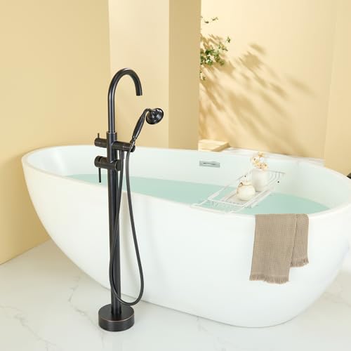 Wowkk Tub Filler Freestanding Bathtub Faucet Oil Rubbed Bronze Floor Mounted Brass Bathroom Tub Faucets with Hand Shower - color: Oil Rubbed Bronze
