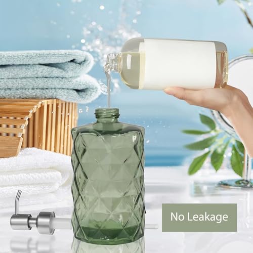 12Oz Green Soap Dispenser Bathroom - 2 Pack, Clear Glass Hand Soap Dispensers with Stainless Steel Pump, Refillable Dish Soap Dispenser for Kitchen, Countertop Soap Dispensers - color: Diamond Green（2-pack）