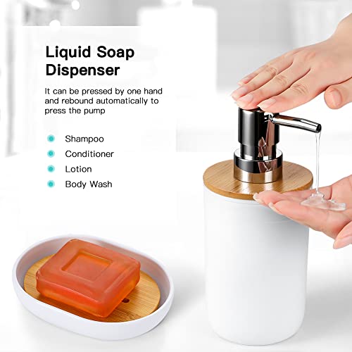 Otostar Bamboo Bathroom Accessory Set 6 Piece Bathroom Accessories Set Plastic Gifts Bath Set with Toothbrush Holder Soap Dispenser Qtip Holder Tumbler Soap Dish Toilet Brush Holder Trash Can (White) - style: A-White Bamboo Cover Set