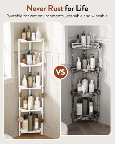 Orimade Rustproof 5 Tier Floor Standing Corner Shower Caddy Organizer, Plastic Aluminum Splicing Floor Corner Shelf Rack Stands for Bathroom, White - color: White, size: 5 Tier