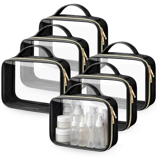 Abbylike 6 Pcs Clear Makeup Bags Bulk 7.9 x 5.9 x 2.4 Inches Quart Size Approved PU Leather Toiletry Bag with Handles Small PVC Clear Travel Cosmetic Case for Women Wedding Bridal Gifts(Black) - color: Black