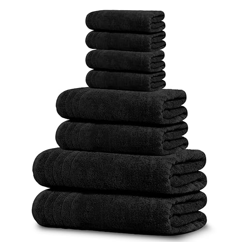 Tens Towels Pack of 8 Towels Set, 2 Extra Large Bath, 2 Hand, 4 Washcloths, 100% Cotton, Lighter Weight, Quicker to Dry, Super Absorbent, Perfect for Bathroom, Black - color: Black
