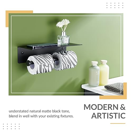 Toilet Paper Holder with Phone Shelf, APLusee SUS 304 Stainless Steel Bathroom Tissue Holder, Double Roll Paper Dispenser Wall Mounted, Matte Black - color: Matte Black, size: Double Rod