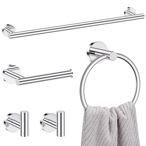 Lairuier 5 Pieces Polished Chrome Bathroom Accessories Set, SUS304 Stainless Steel 24 Inch Bath Towel Bar Set, Round Toilet Paper Holder Set Wall Mounted - color: Polished Chrome, size: 5-Piece Standard Set