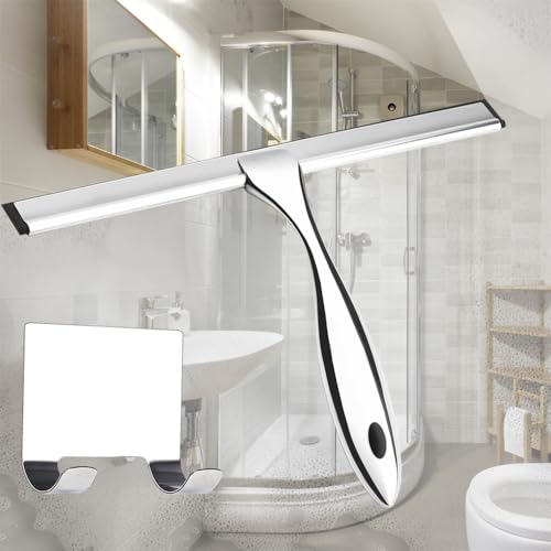 12'' Light Weight Stainless Steel Shower Squeegee for Glass Doors with 4 Pieces Set (1 Window Squeegee, 1 Door Hook and 2 Adhesive Hooks) Perfect Cleaning Tool for Car, Window, Bathroom Mirror