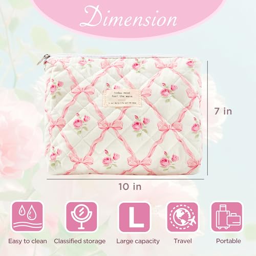 Sminra Makeup Bag Large Travel Quilted Cosmetic Makeup Bag Organizer, Floral Cotton Coquette Aesthetic Toiletry Bag for Women Girls (Pink Bow Flowers) - color: Pink Bow Flowers