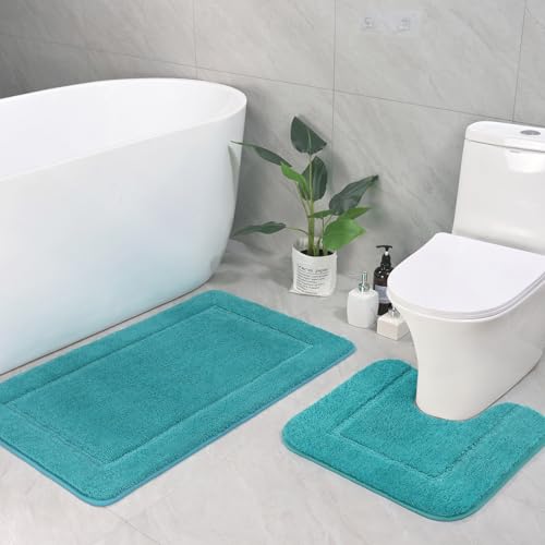 LOCHAS Bathroom Rug Set Teal Blue, Soft Bath Rug Set 2 Piece, Toilet Mat U-Shaped 20x20 and 34x20 Bath Rugs, Quickly Dry Mats for Bathroom, Tub, Washable, Super Absorbent Floor Mat - color: Teal Blue, size: 34" x 20" Plus 20" x 20" (U-Shape)