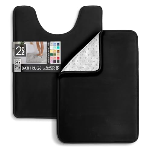 Clara Clark Bathroom Rugs, Velvet Memory Foam Bath Mat, Non-Slip Bath Rugs, Machine Wash, Dries Quickly, Ultra Soft Plush Bath Mats for Bathroom, - color: Black, style: 17 x 24 + Contour