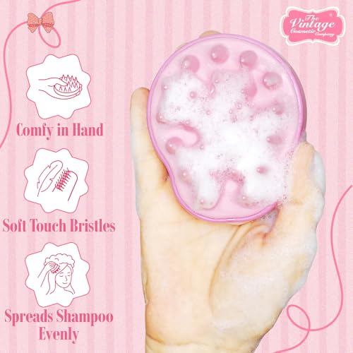 Vintage Cosmetic Company Shampoo Brush Silicone Scalp Massager Pink | Silicone Scalp Massager for Gentle Exfoliation and Even Shampoo Distribution. Stimulates Scalp. Vintage Pink Design.