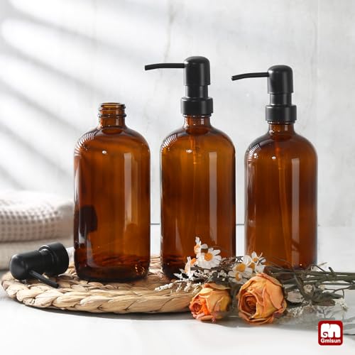 GMISUN Shampoo and Conditioner Dispenser, 3 Pack Amber Glass Bathroom Shampoo Conditioner Body Wash Dispenser with Pump for Shower, 17 Fl Oz Hand Soap Dish Soap and Lotion Dispenser Set for Kitchen - color: Amber Bottle + Black Pump, size: 3 Pack