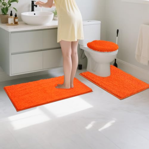 Bathroom Rugs Sets 3 Piece with Adjustable Toilet Seat Cover 17.5"x 15" Machine Washable Bath Rug Set with TPR Non Slip Rubber Backing Solid Bath Mat Set for Luxury Bathroom Decoration - color: Orange