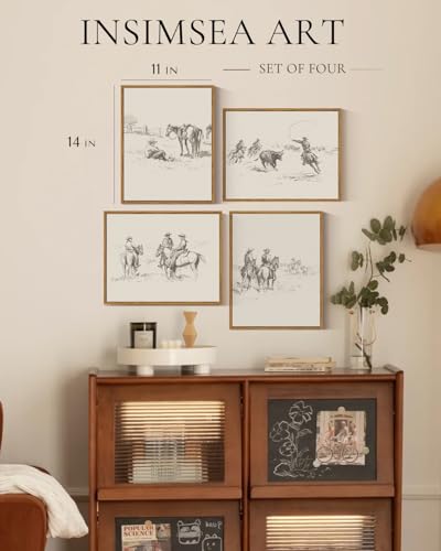 InSimSea 4 pcs Framed Wall Art, Vintage Sketch Western Cowboy Canvas Prints, Bathroom Bedroom Southwest Decor, Neutral Toned, Country Shelf Decor, Small Size,11x14in - color: Western Cowboy Sketch