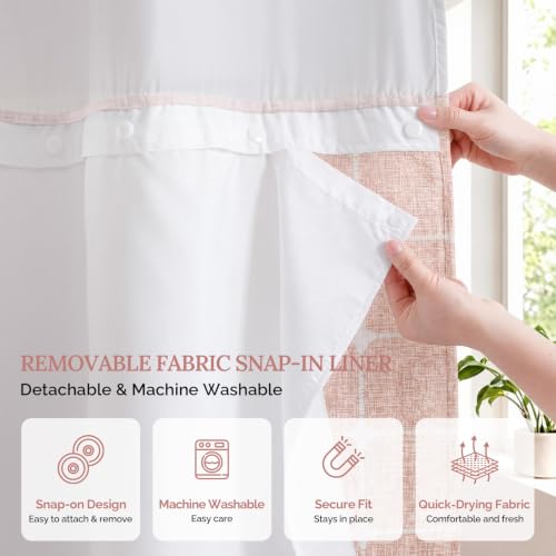 River Dream Farmhouse Pink Shower Curtain with Snap-in Liner, No Hooks Shower Curtain Set, with Tassels for Bathroom Decor,Shower Curtain and Liner with Sheer Window 71x74 Inch - color: Pink, size: 71"W x 74"L (Pack of 1)
