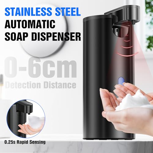 Fantictas Touchless Foaming Soap Dispenser, Stainless Steel Automatic Foam Soap Dispenser, USB-C Rechargeable Sensor Pump with 3 Adjustable Levels, 11.5 oz for Bathroom & Kitchen - color: Black, style: Foam