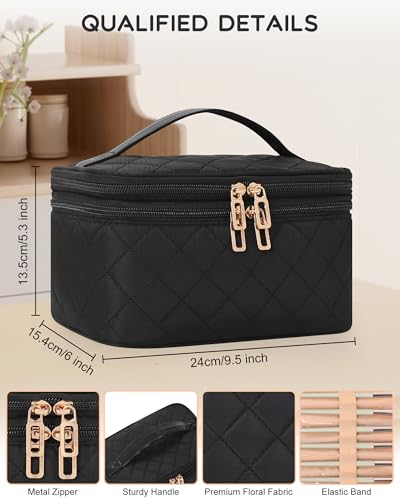 Relavel Travel Makeup Bag, Large Cosmetic Bag with Separate Makeup Brush Compartment, Cute Make Up Pouch for Women, Double Layer Toiletry Organizer Bag for Travel - Black - color: 01-Black, size: X LARGE