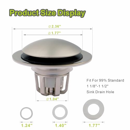 2 Pack Pop Up Sink Drain Stopper,Brushed Nickel Bathroom Sink Stopper with Hair Catcher and Anti-Clog Strainer,Glimflorus Universal 2-in-1 Drain Stopper for 1 1/8"-1 1/2" Drain Holes - color: Brushed Nickel-2