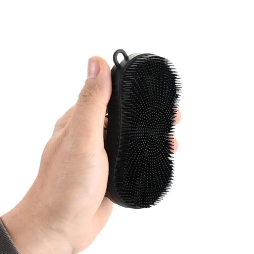 Silicone Body Scrubber, Double Sided Exfoliating Brush with Soft Flexible Bristles, Scalp Massage and Shampoo Tool with Hanger Loop (Black) - color: Black