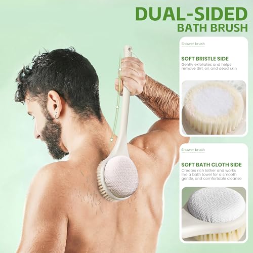 Back Scrubber for Shower with Long Handle, Dual-Sided Bath Brush with Soft Bristles & 150D Exfoliating Cloth, Anti-Slip Grip, Lightweight Back Washer for Shower, Men & Women (Light Yellow) - color: Light Yellow