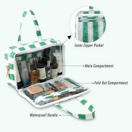 Travel Toiletry Bag for Women, Waterproof Clear Coated Portable Stripe Makeup Cosmetic Bag with Compartment, Travel Organizer for Shampoo, Conditioner, Brushes Set,Cosmetic Accessories(White-Green) - color: White-Green