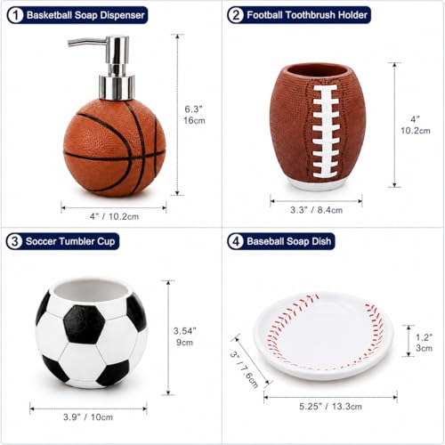 4-Piece Sports Bathroom Accessories Set Complete with Basketball Lotion/Soap Dispenser,Soccer Bath Cup/Tumbler,Base Ball Soap Dish,Football Toothbrush Holder - style: Sports Style Model