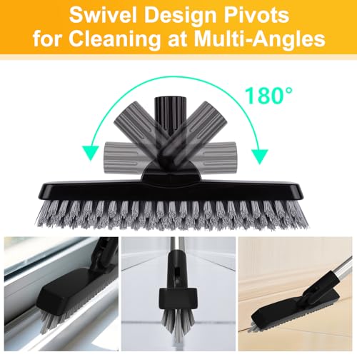 2 Pack Grout Brush with Long Handle, Swivel Cleaning Grout Line Scrubber - Extendable Durable Handle Grout Cleaner Brush for Bathroom,Tile,Baseboard,Walk in Shower,Corner & Narrow Space (Black) - color: Black