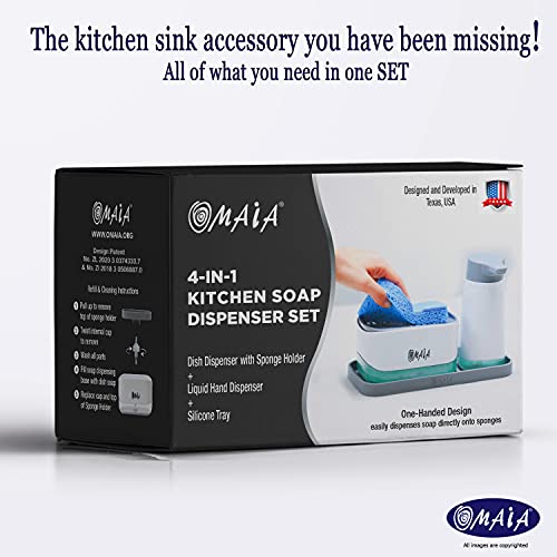OMAIA 4-in-1 Dish Soap Dispenser Set with Sponge Holder and Liquid Hand Soap Dispenser and Silicone Tray - Countertop Organizer - Useful Kitchen Gadgets