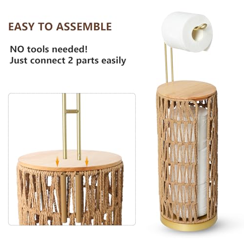 Trongee Freestanding Toilet Paper Holder with Storage,Goldn Handmade Woven Toilet Paper Roll Holder Stand,3 Rolls of Tissue Holder for Bathroom,Rattan Sturdy Boho Bathroom Toilet Paper Storage - color: Gold
