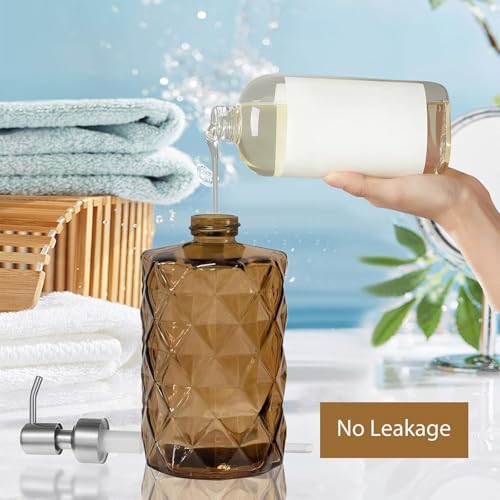 12Oz Brown Soap Dispenser Bathroom - 2 Pack, Clear Glass Hand Soap Dispensers with Stainless Steel Pump, Refillable Dish Soap Dispenser for Kitchen, Countertop Soap Dispensers - color: Diamond Brown（2-pack）