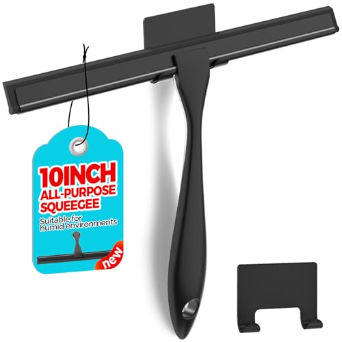 ALFLOD Shower Squeegee for Glass Doors, Tile Walls, Mirrors and Windshields | 9.5" black, bathroom accessories, window cleaner, new home essentials, silicone blade, metal handle, adhesive hook - color: Black, size: 9.5 inch
